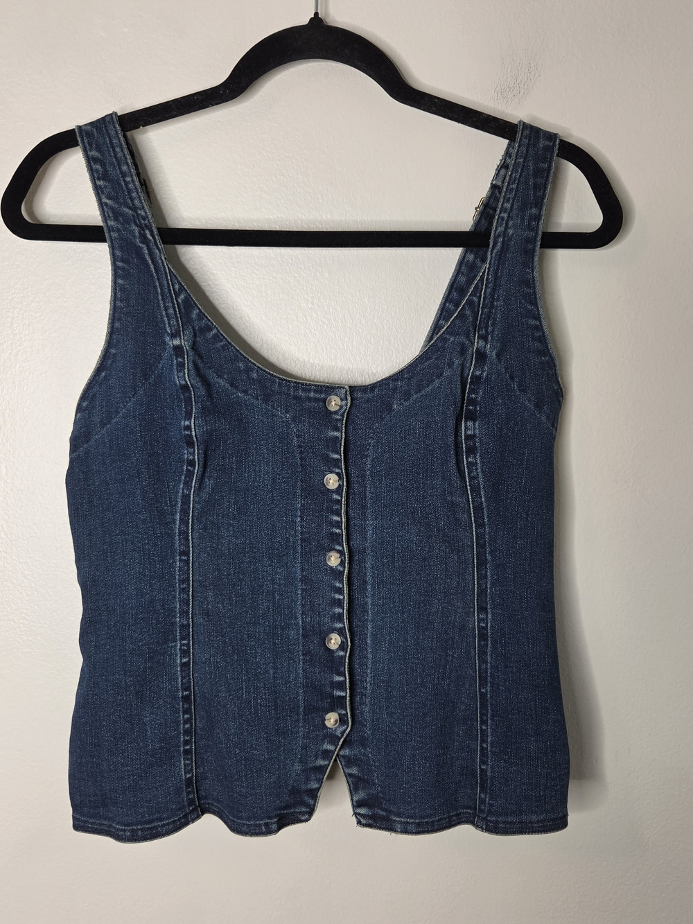 Free People Dark Wash Denim Button-Front Stretch Tank Top